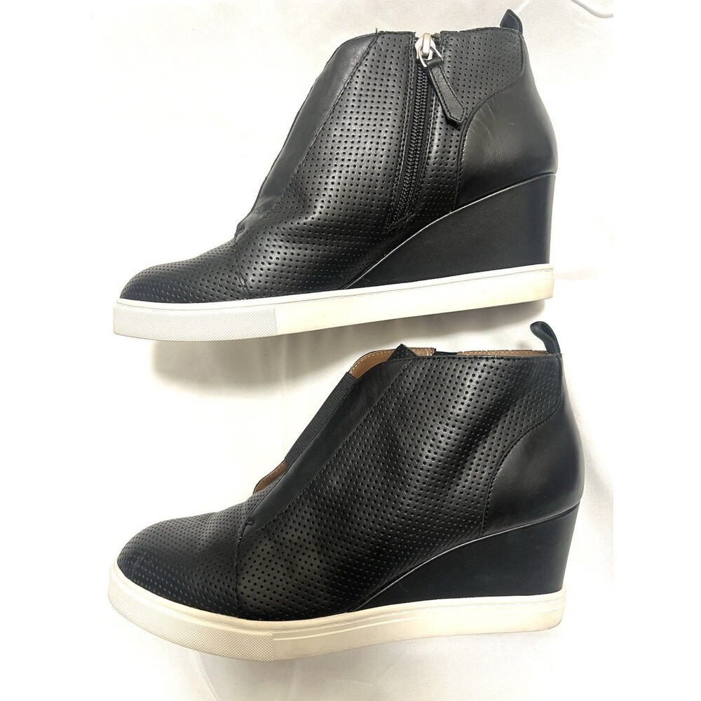 Linea Paolo Anna Black Perforated Leather Wedge Sneakers Booties Shoes Women 8.5